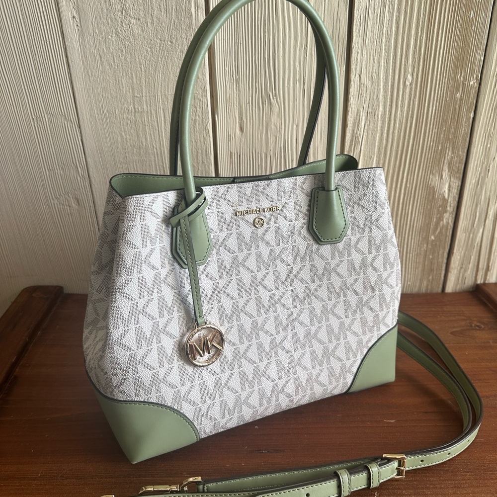 Michael Kors White and Sage Green MK Logo Tote